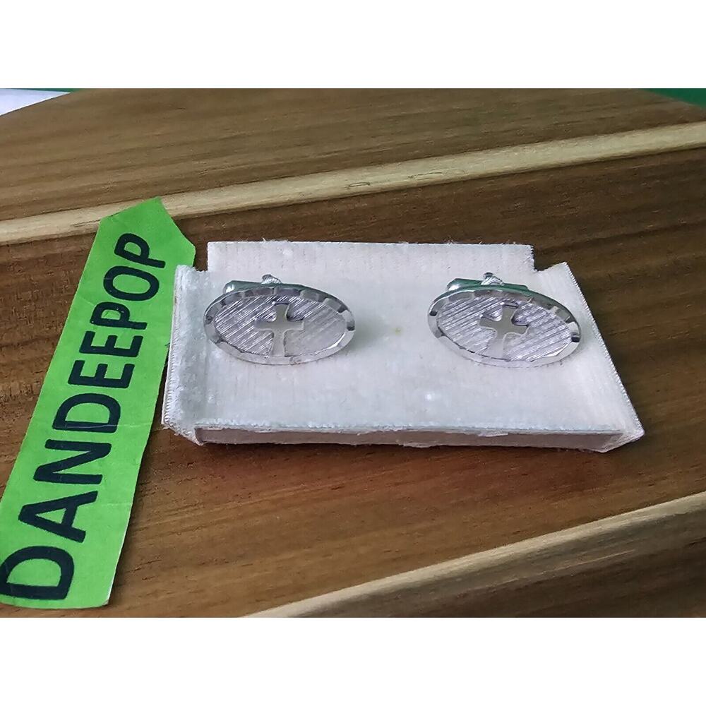 Vintage Silver Tone Oval Cufflinks Pair With Raised Cross Design